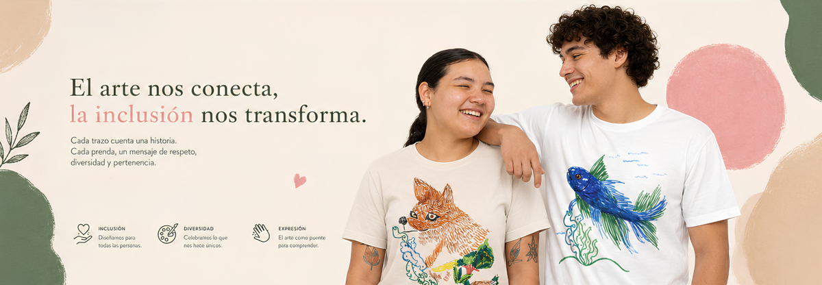 El arte nos conecta, la inclusión nos transforma. Dos personas con camisetas ilustradas por Sophia